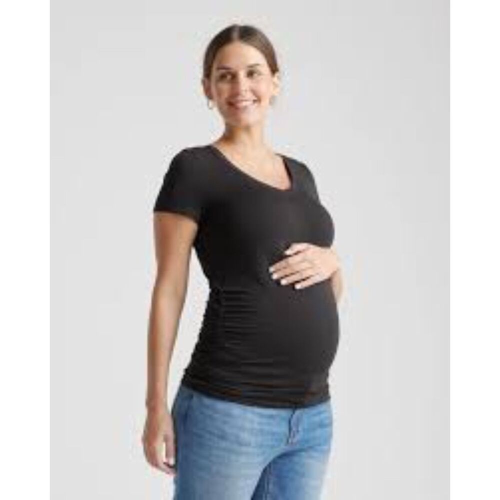 Quince Tencel Jersey Maternity Ruched T Shirt Black Sz Small Minimalist Staple